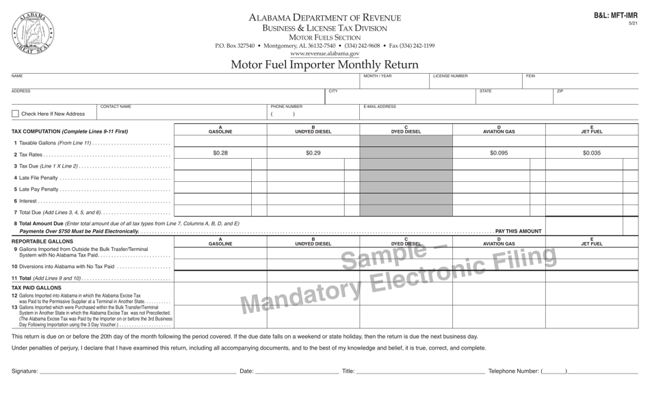 Form BL: MFT-IMR Motor Fuel Importer Monthly Return - Sample - Alabama, Page 1