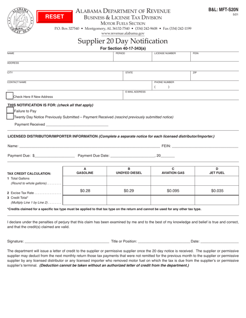 Form B&L: MFT-S20N Supplier 20 Day Notification - Alabama