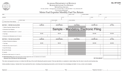 Document preview: Form B&L: MFT-EXPR Motor Fuel Exporter Monthly Fuel Tax Return - Sample - Alabama