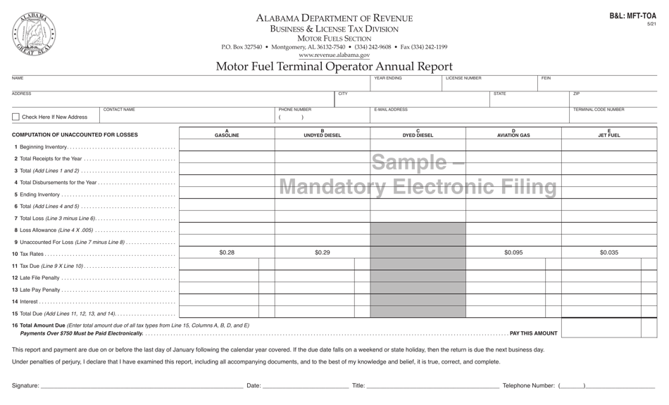 Form BL: MFT-TOA Motor Fuel Terminal Operator Annual Report - Sample - Alabama, Page 1