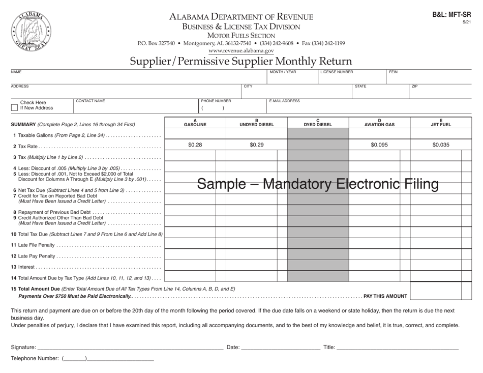 Form BL: MFT-SR Supplier / Permissive Supplier Monthly Return - Sample - Alabama, Page 1