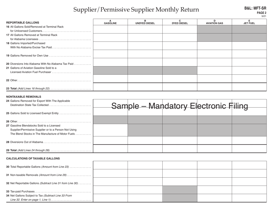 Form BL: MFT-SR Supplier / Permissive Supplier Monthly Return - Sample - Alabama, Page 2