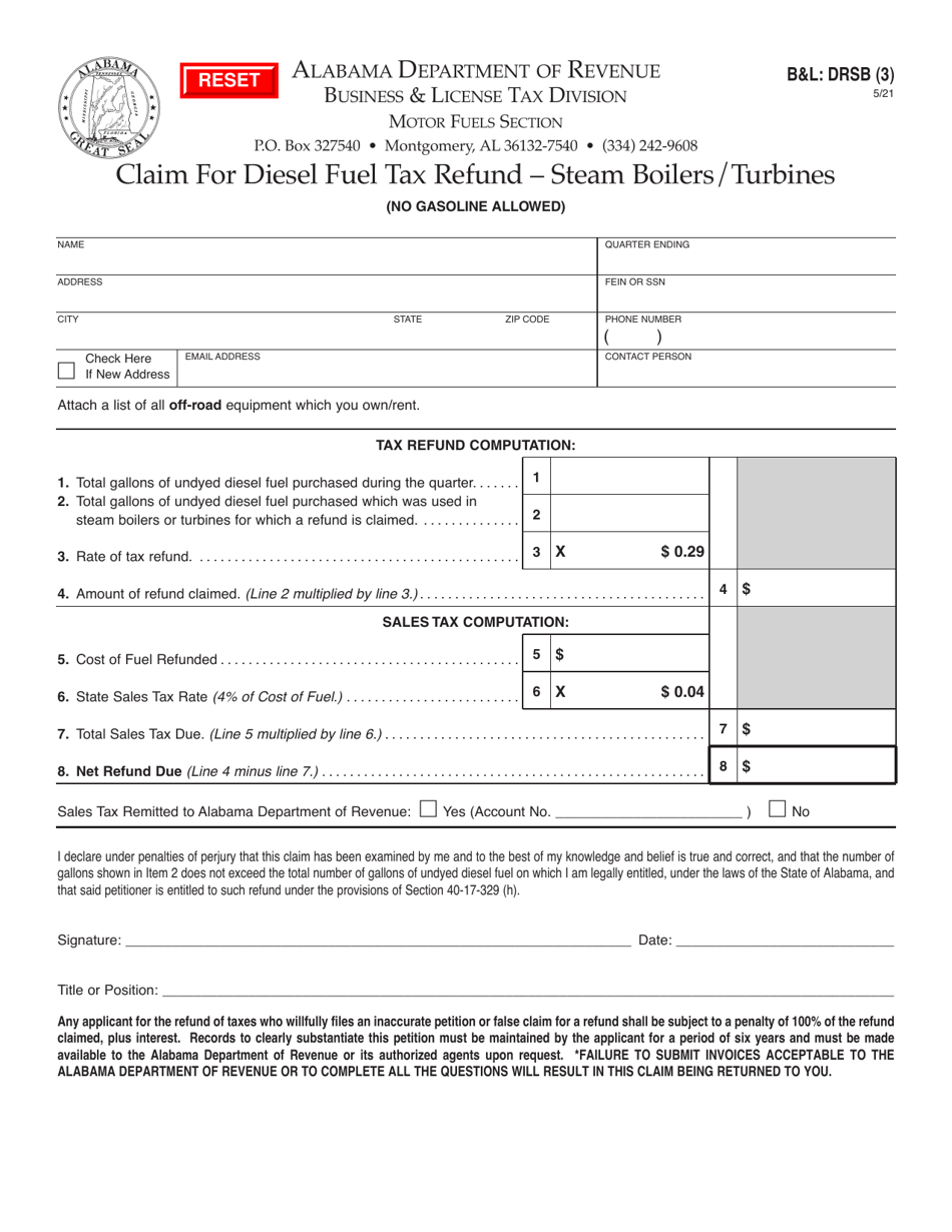Form BL: DRSB Claim for Diesel Fuel Tax Refund - Steam Boilers / Turbines - Alabama, Page 1