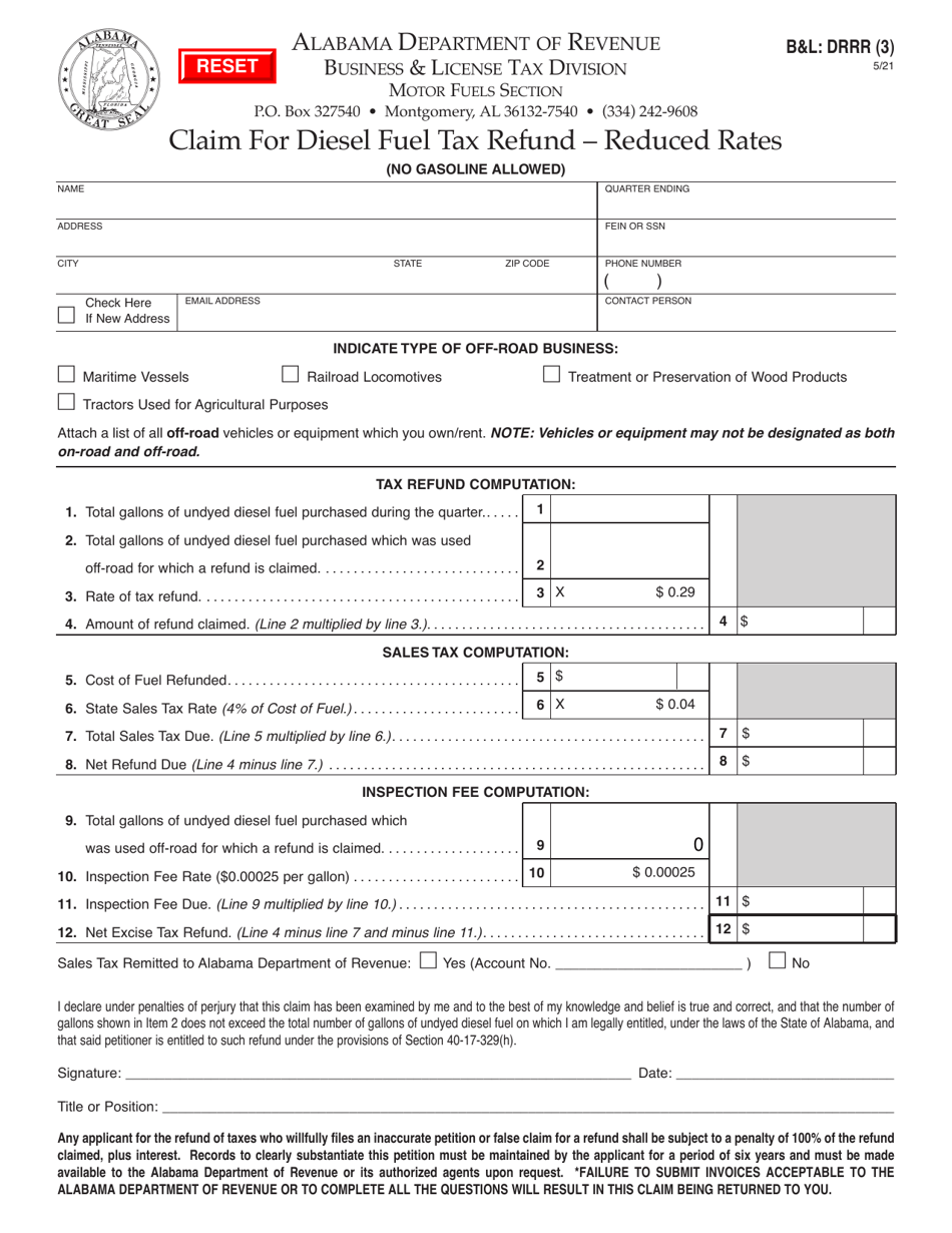 Form BL: DRRR Claim for Diesel Fuel Tax Refund - Reduced Rates - Alabama, Page 1