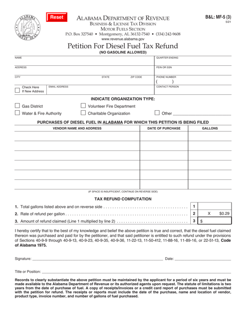 Form B&L: MF-5 Petition for Diesel Fuel Tax Refund - Alabama