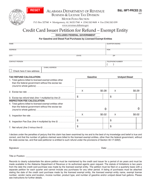 Form B&L: MFT-PRCEE Credit Card Issuer Petition for Refund - Exempt Entity - Alabama