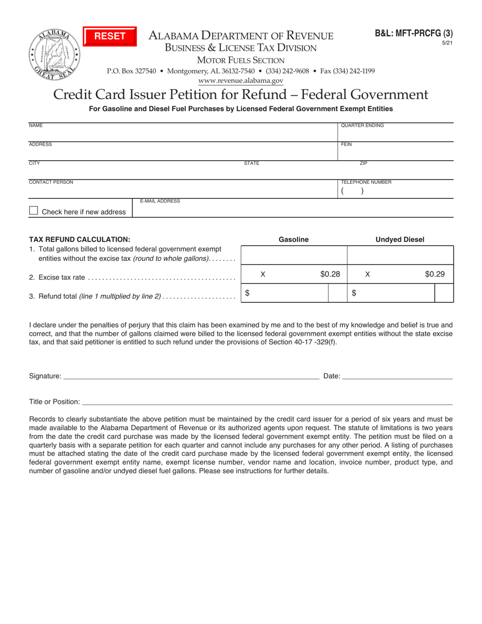 Form BL: MFT-PRCFG Credit Card Issuer Petition for Refund - Federal Government - Alabama, Page 1