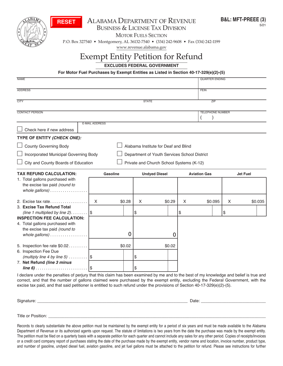 Form BL: MFT-PREEE Exempt Entity Petition for Refund - Alabama, Page 1