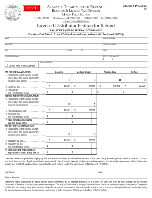Form B&L: MFT-PRDEE Licensed Distributor Petition for Refund - Alabama