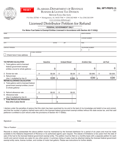 Form B&L: MFT-PRDFG Licensed Distributor Petition for Refund - Alabama