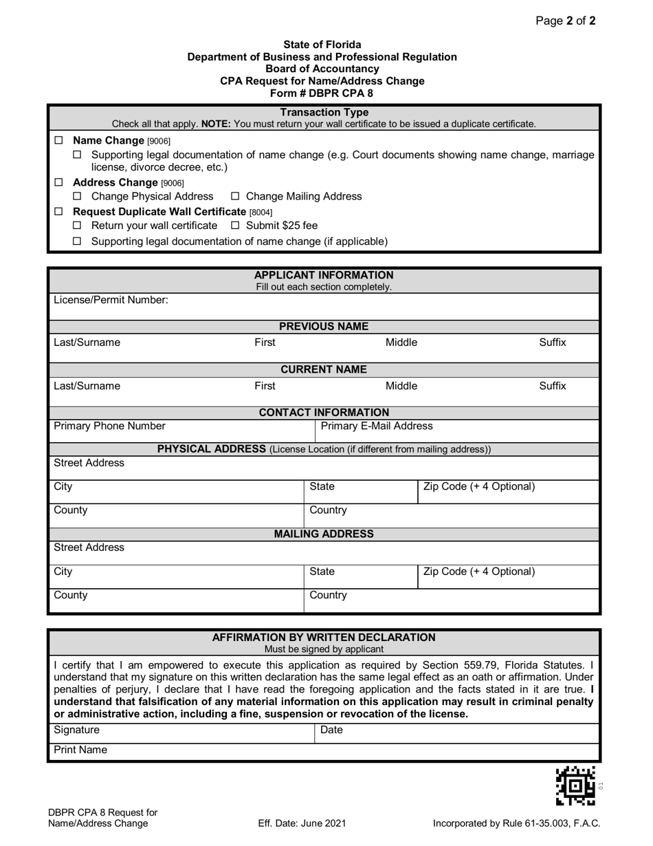 Form DBPR CPA8 CPA Request for Name / Address Change - Florida, Page 2