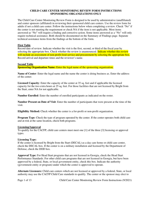 Instructions for Child Care Center Monitoring Form - Georgia (United States)