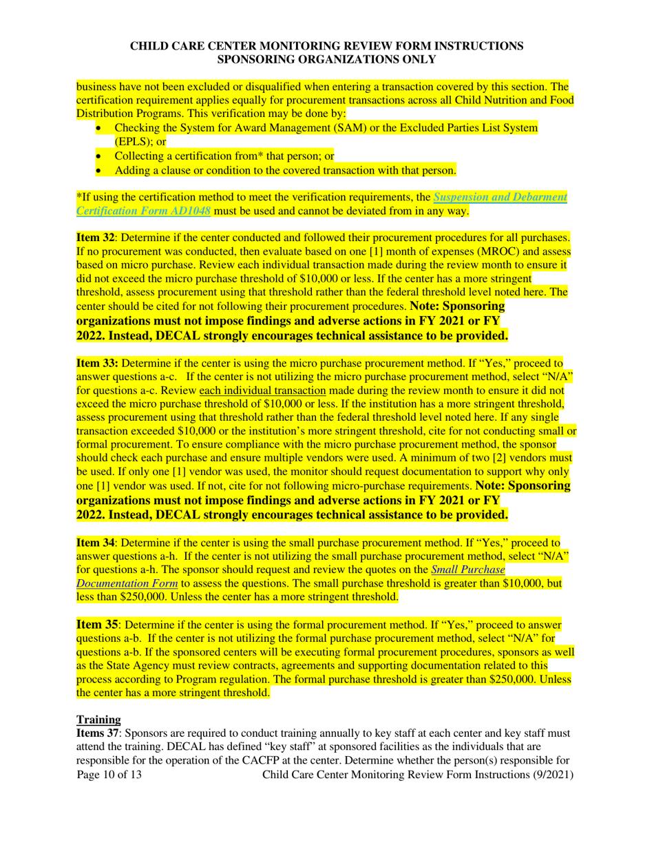 Instructions for Child Care Center Monitoring Form - Georgia (United States), Page 10