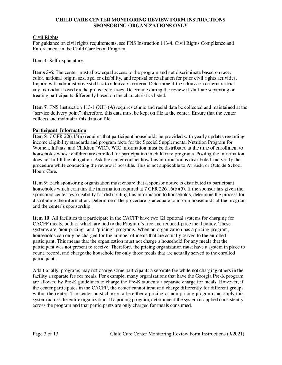 Instructions for Child Care Center Monitoring Form - Georgia (United States), Page 3