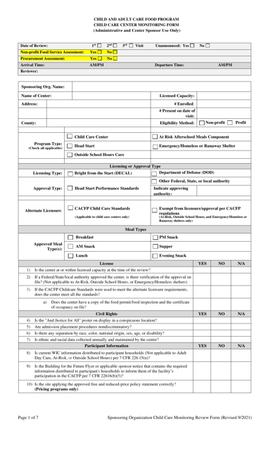 Child Care Center Monitoring Form - Georgia (United States) Download Pdf