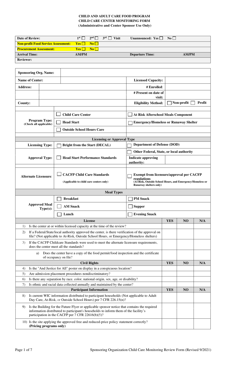 Child Care Center Monitoring Form - Georgia (United States), Page 1