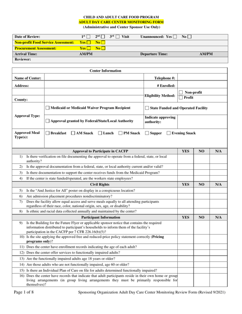 Adult Day Care Center Monitoring Form - Georgia (United States) Download Pdf