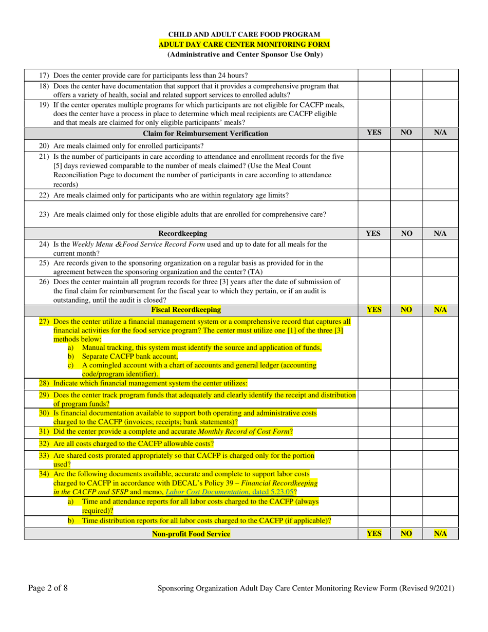 Adult Day Care Center Monitoring Form - Georgia (United States), Page 2