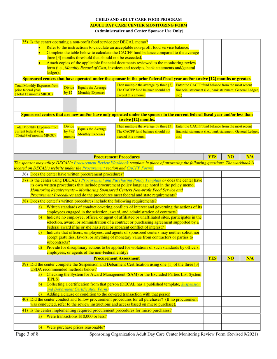 Adult Day Care Center Monitoring Form - Georgia (United States), Page 3