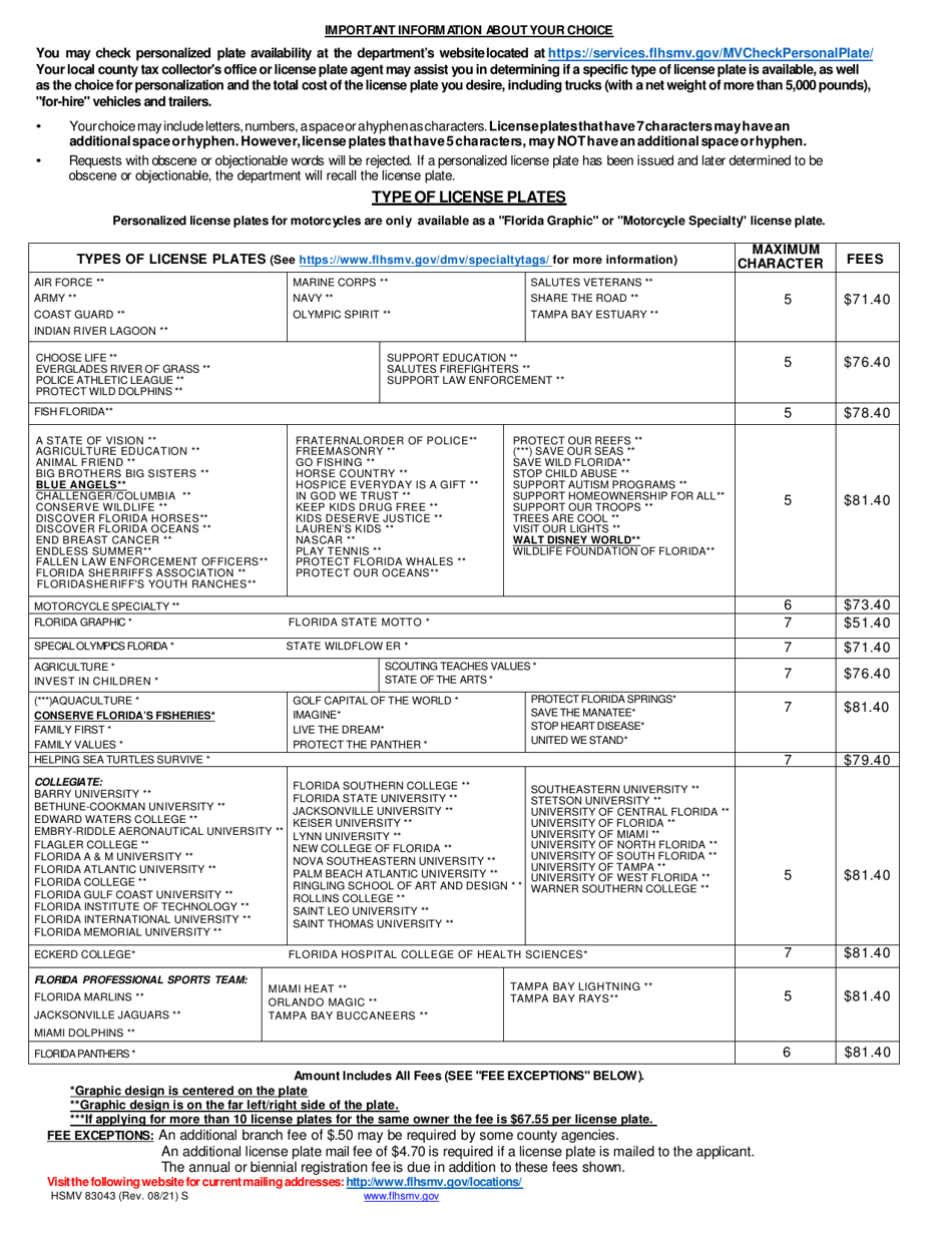 Form HSMV83043 Application for Personalized License Plate - Florida, Page 2