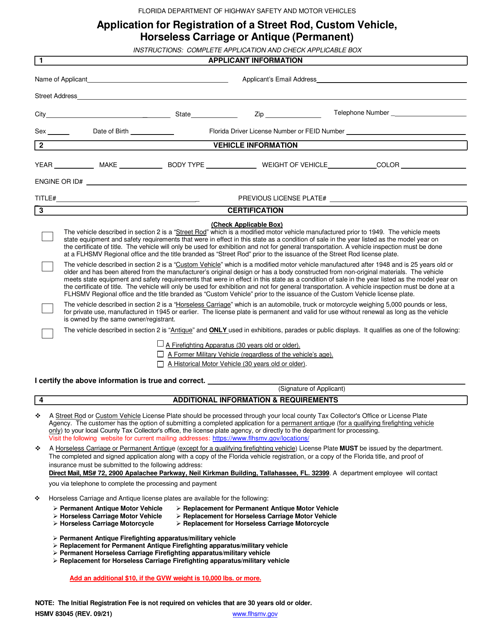 Form HSMV83045 Application for Registration of a Street Rod, Custom Vehicle, Horseless Carriage or Antique (Permanent) - Florida