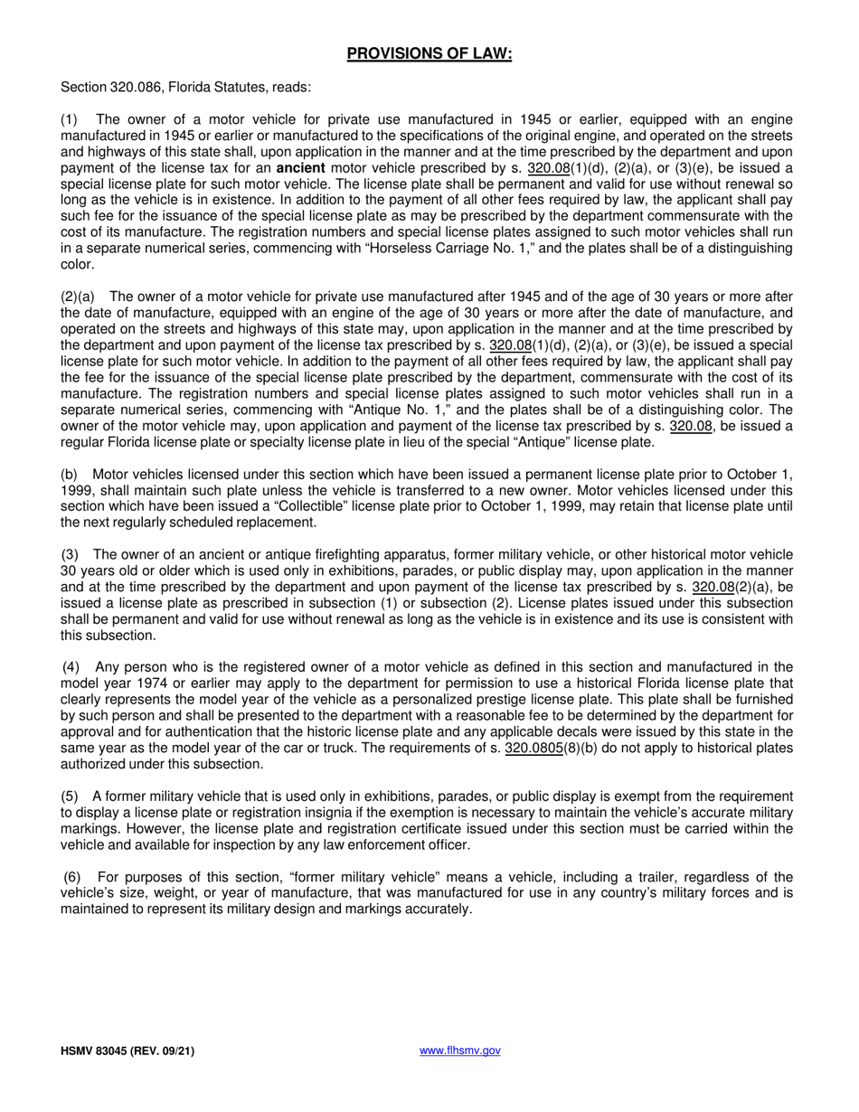 Form HSMV83045 Application for Registration of a Street Rod, Custom Vehicle, Horseless Carriage or Antique (Permanent) - Florida, Page 2