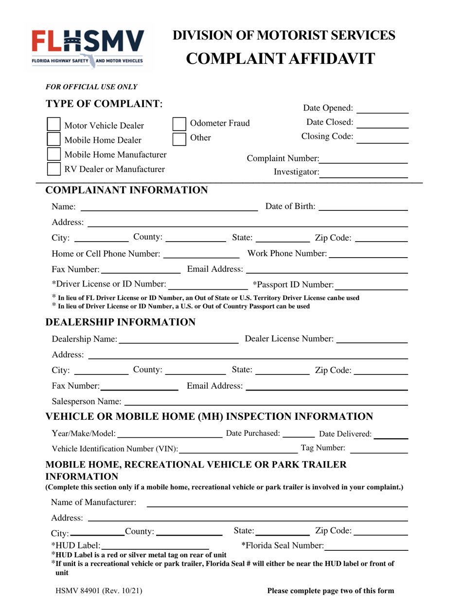 Form HSMV84901 Complaint Affidavit - Florida, Page 1