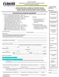 Form HSMV86056 &quot;Application for a License as a Motor Vehicle, Mobile Home or Recreational Vehicle Dealer&quot; - Florida