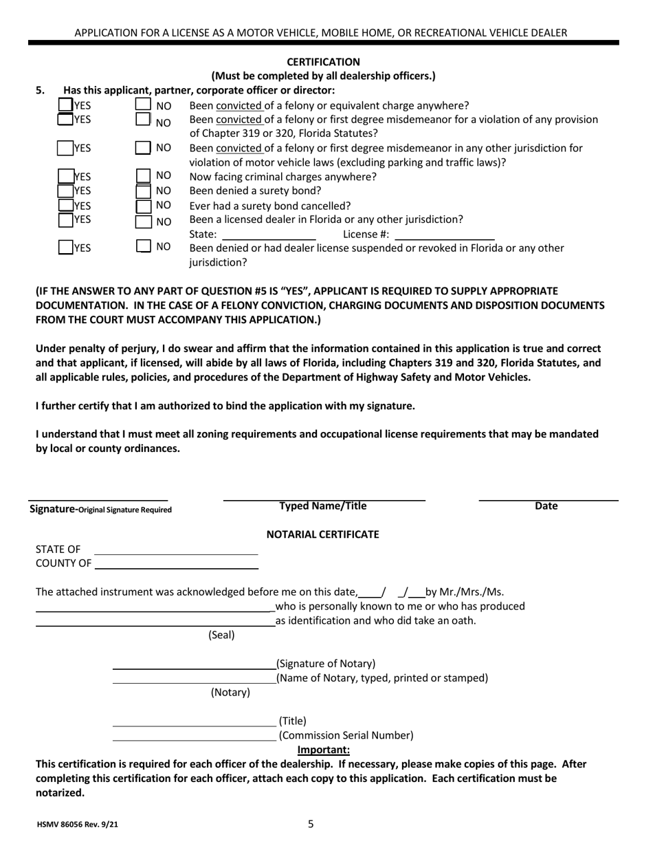 Form HSMV86056 Download Fillable PDF or Fill Online Application for a ...