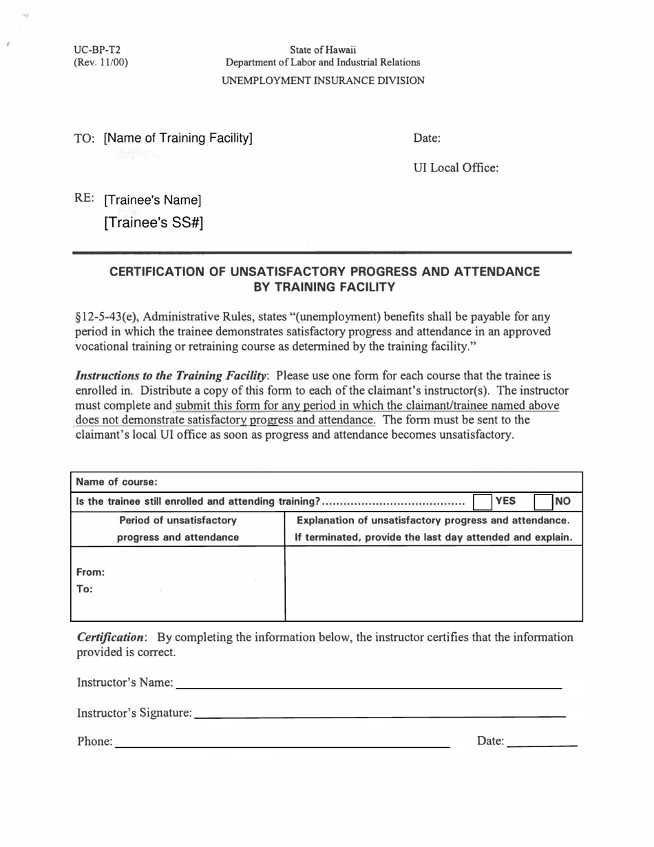 Form UC-BP-T2 Certification of Unsatisfactory Progress and Attendance by Training Facility - Hawaii, Page 1