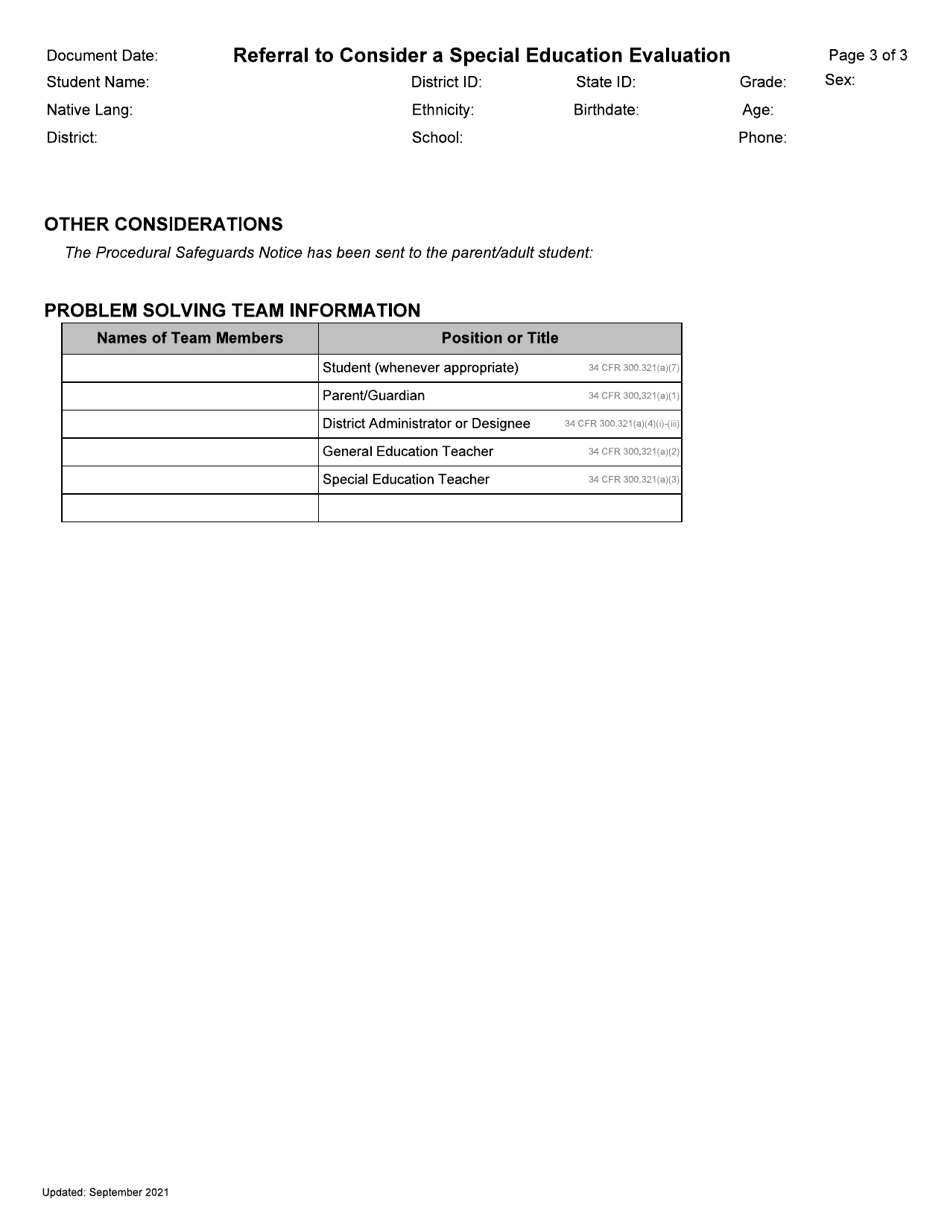 Referral to Consider a Special Education Evaluation - Idaho, Page 3