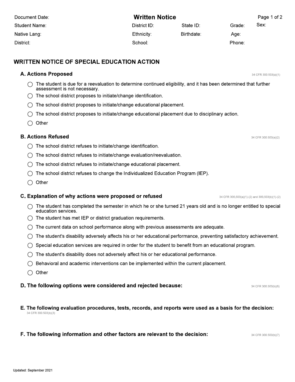 Written Notice of Special Education Action - Idaho, Page 1