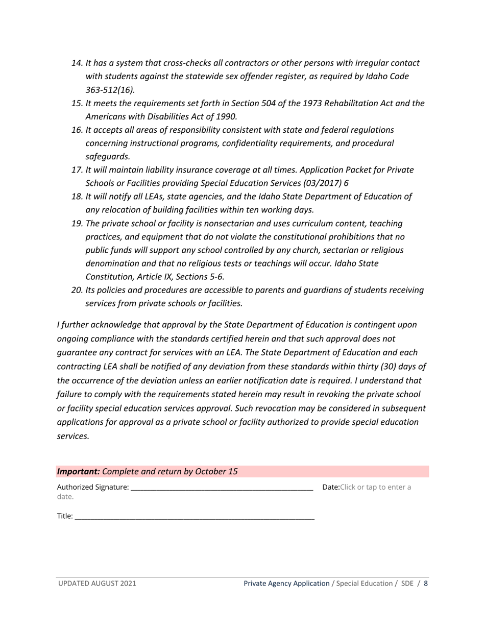 Private School or Facility Special Education Program Services Application Packet - Idaho, Page 8