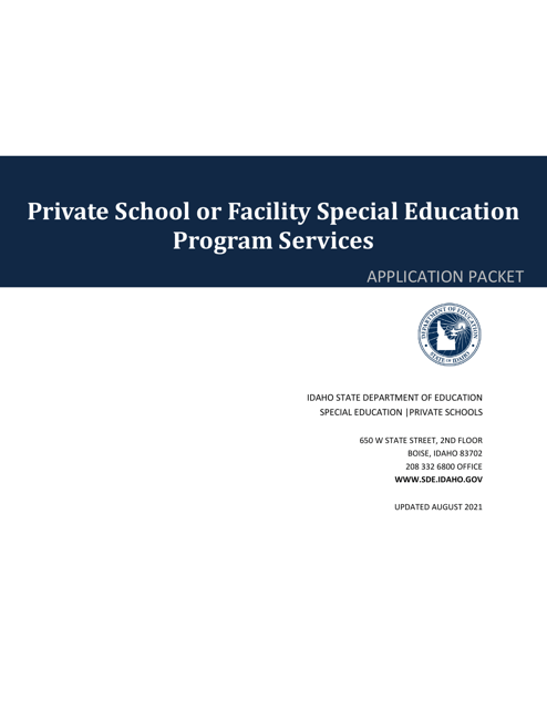 Private School or Facility Special Education Program Services Application Packet - Idaho Download Pdf