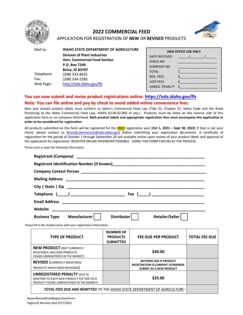 Application for Registration of New or Revised Products - Idaho, Page 1