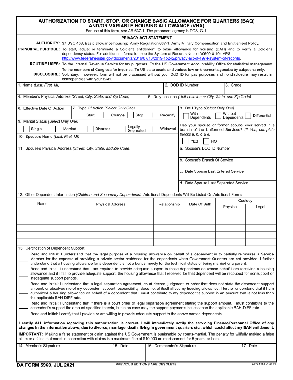 DA Form 5960 Authorization to Start, Stop, or Change Basic Allowance for Quarters (BAQ) and / or Variable Housing Allowance (VHA), Page 1