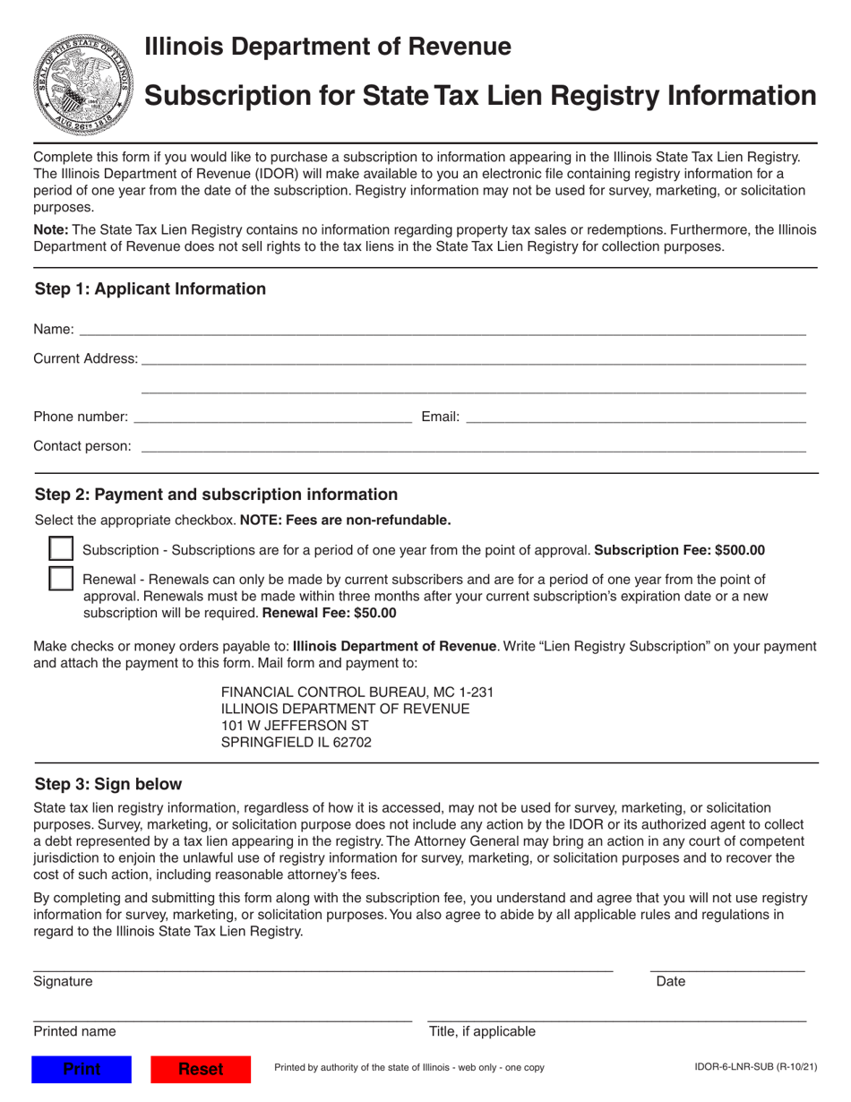Form IDOR-6-LNR-SUB Subscription for State Tax Lien Registry Information - Illinois, Page 1
