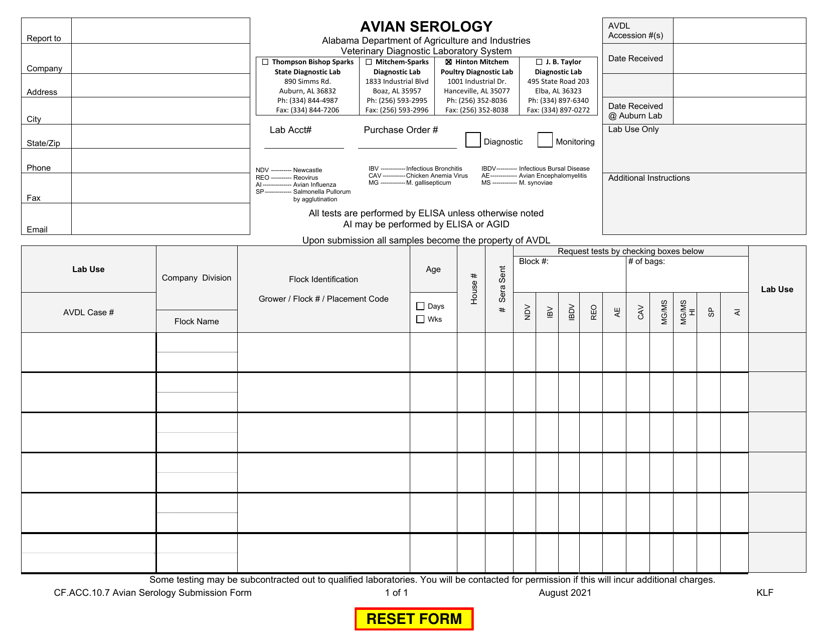 Form CF.ACC.10.7 Avian Serology Submission Form - Alabama