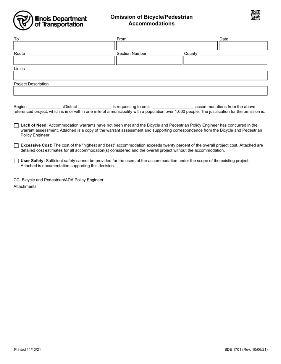 Form BDE1701 Omission of Bicycle / Pedestrian Accommodations - Illinois, Page 1