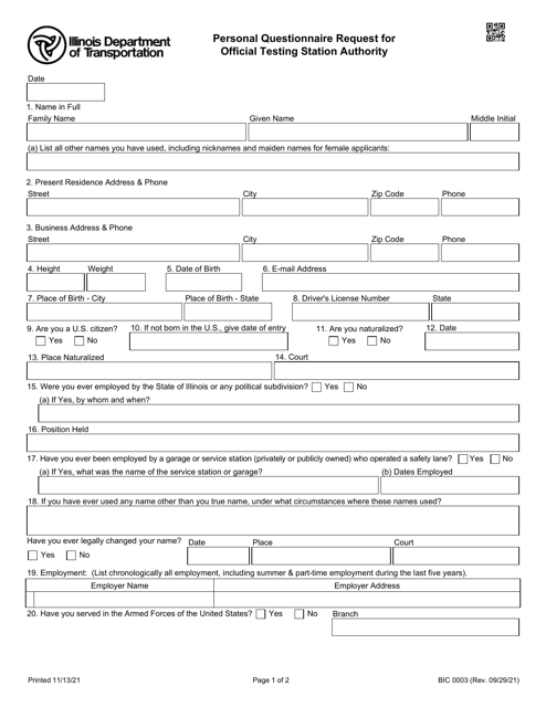 Form BIC0003  Printable Pdf