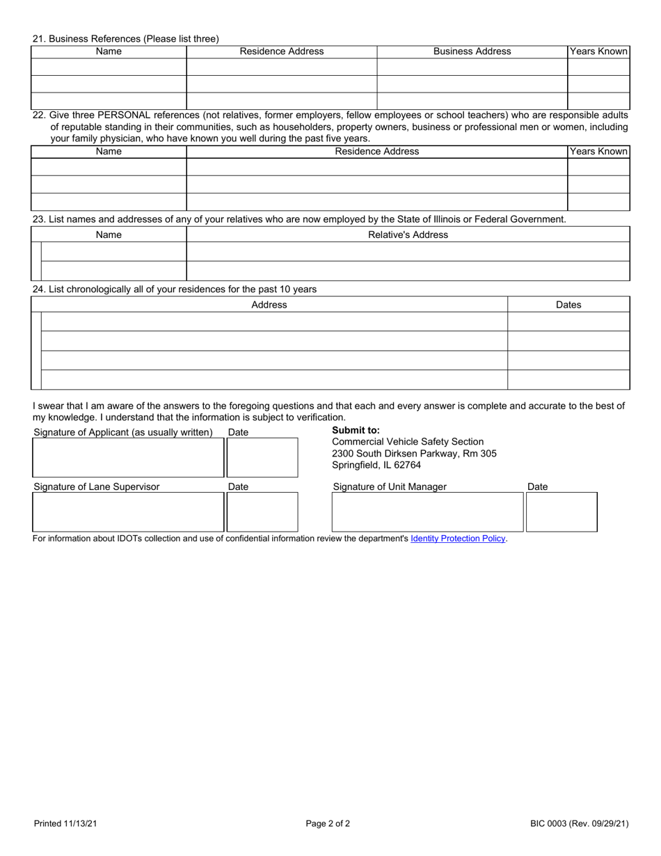 Form BIC0003 Personal Questionnaire Request for Official Testing Station Authority - Illinois, Page 2