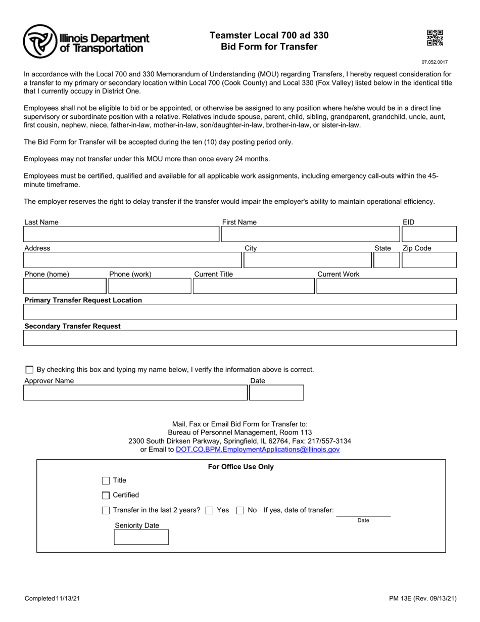 Form PM13E Teamster Local 700 Ad 330 Bid Form for Transfer - Illinois, Page 1