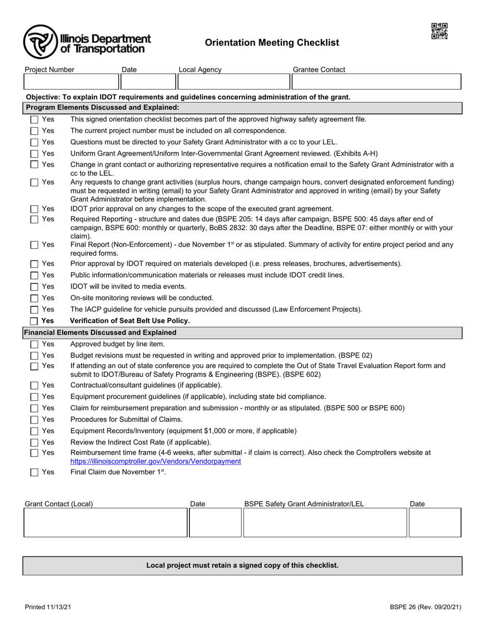 Form BSPE26 Orientation Meeting Checklist - Illinois, Page 1