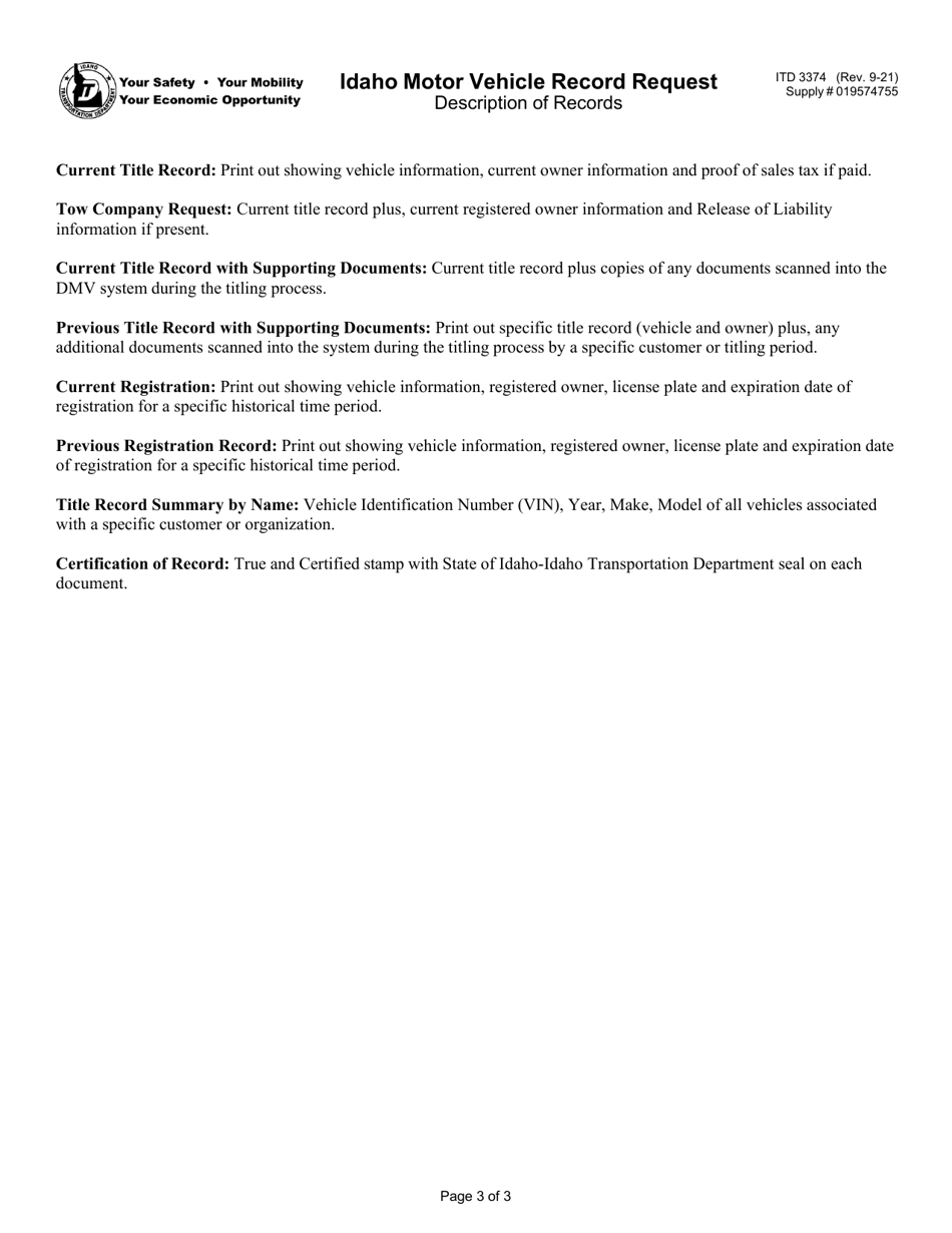 Form ITD3374 Idaho Motor Vehicle Record Request - Idaho, Page 3