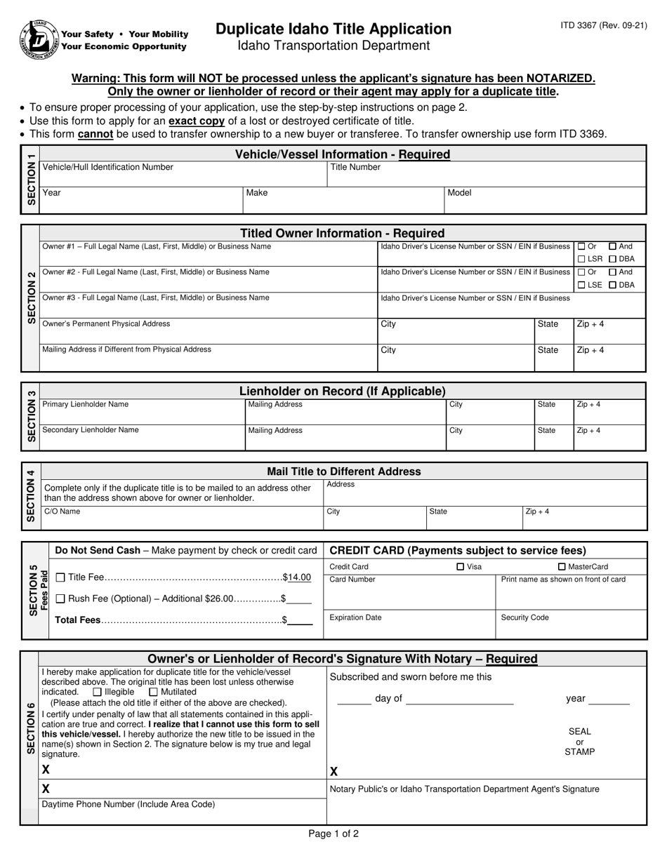 Form Itd3367 Download Fillable Pdf Or Fill Online Duplicate Idaho Title 