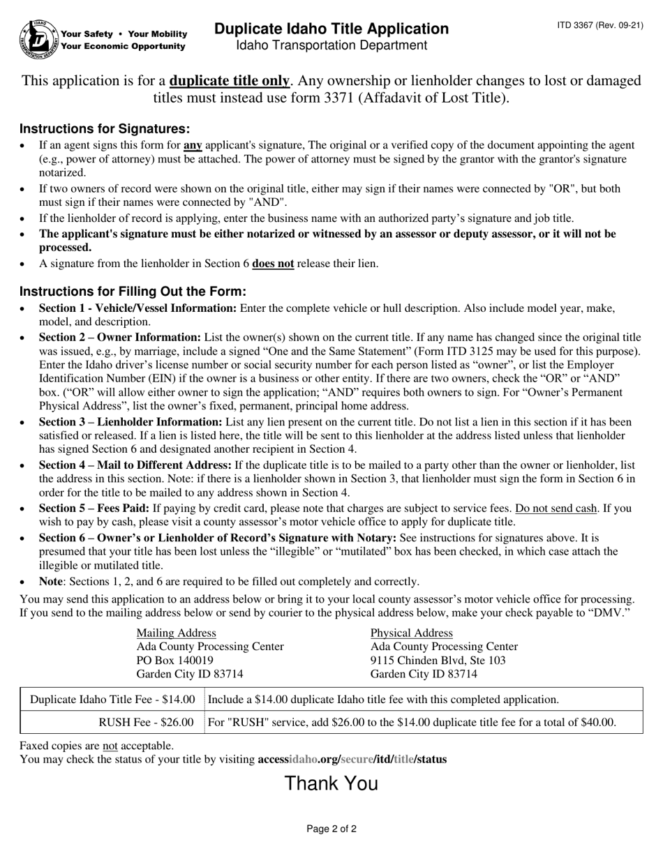 Form ITD3367 Duplicate Idaho Title Application - Idaho, Page 2