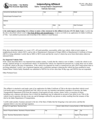 Form ITD3410 &quot;Indemnifying Affidavit&quot; - Idaho