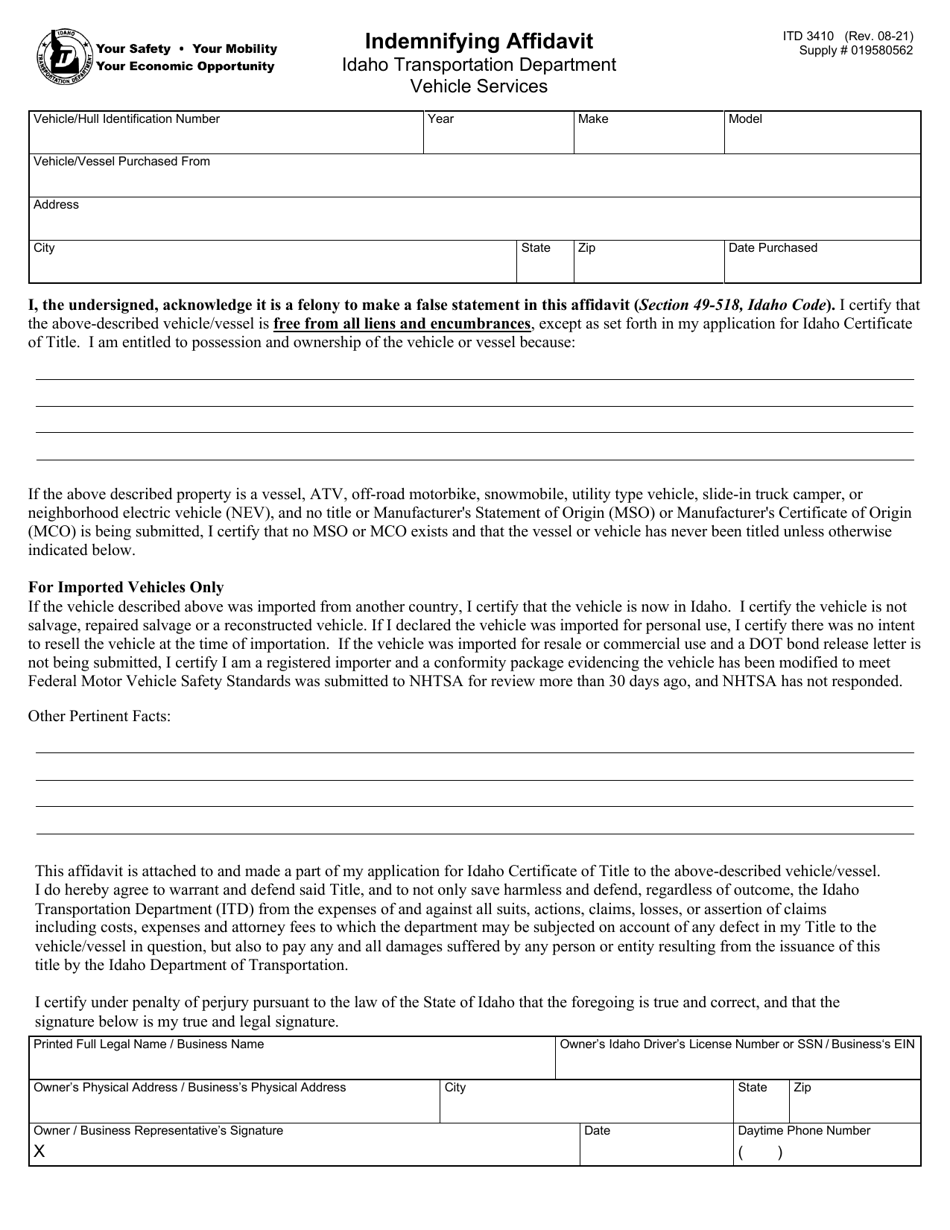 Form ITD3410 Indemnifying Affidavit - Idaho, Page 1
