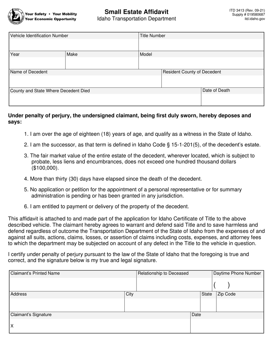 Form Itd3413 Download Fillable Pdf Or Fill Online Small Estate Affidavit Idaho Templateroller 0626