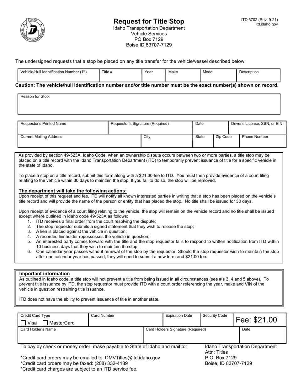 Form ITD3702 Download Fillable PDF or Fill Online Request for Title